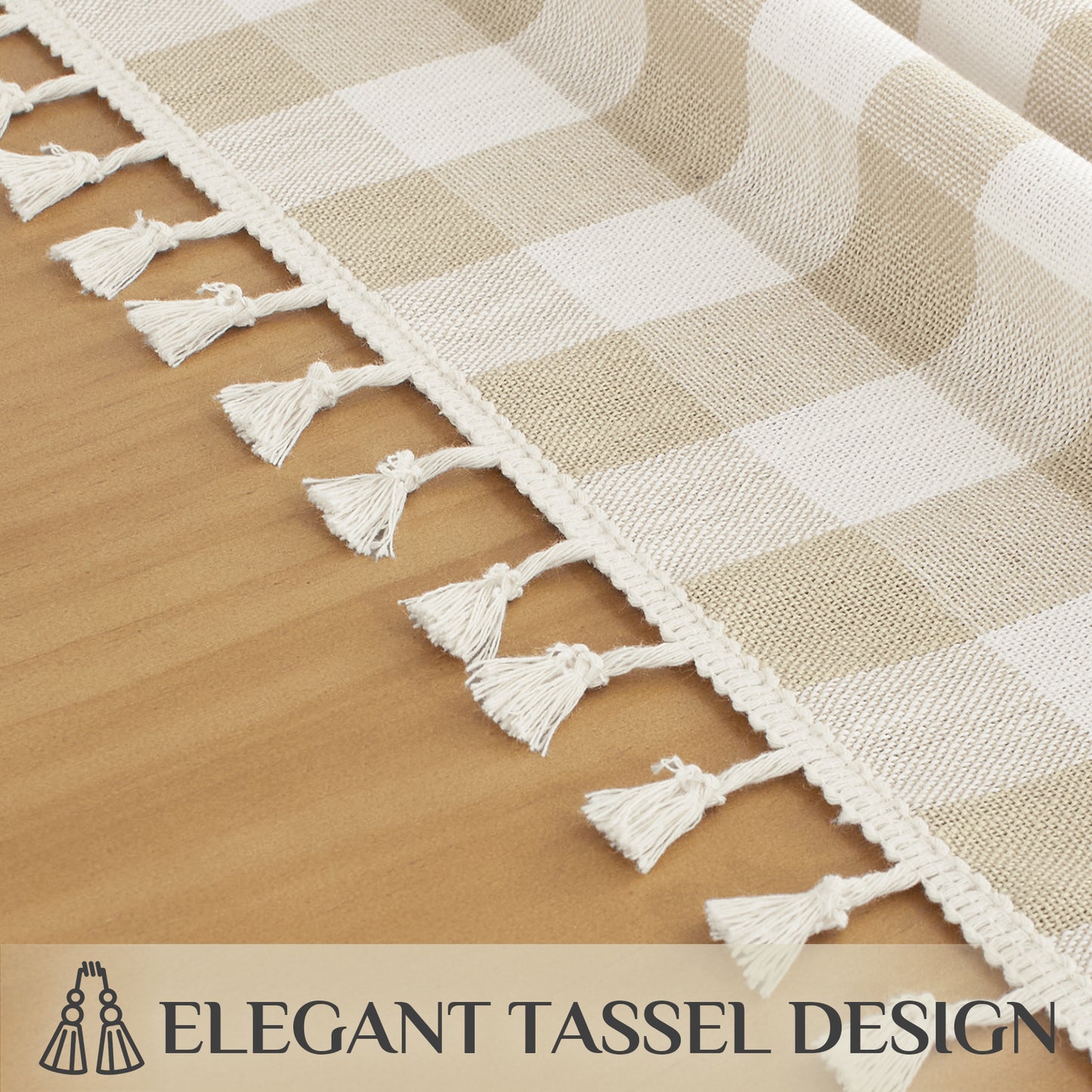 Wrinkle-Resistant Cotton Blend Classic Gingham Tablecloth with Tassels in Beige