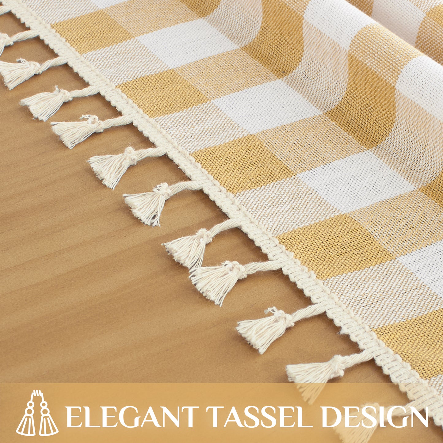 Wrinkle-Resistant Cotton Blend Classic Gingham Tablecloth with Tassels in Yellow