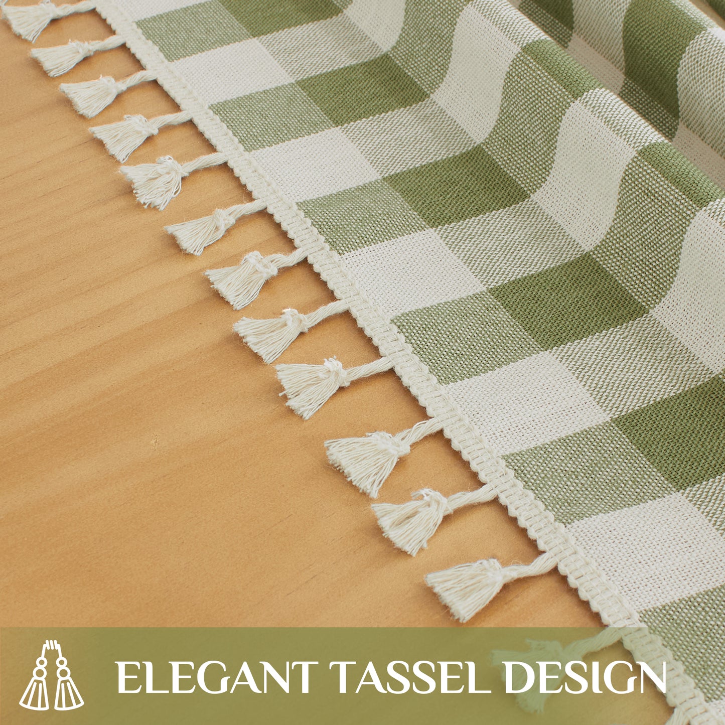Wrinkle-Resistant Cotton Blend Classic Gingham Tablecloth with Tassels in Sage