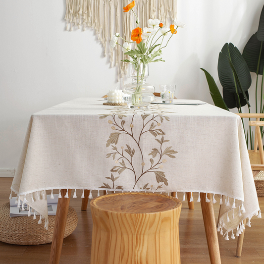 Polyester Branches Embroidery Tablecloth with Tassels in Gold
