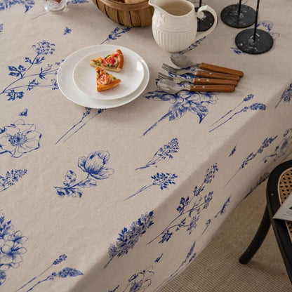 Cotton and linen blue rose sketch print tablecloth