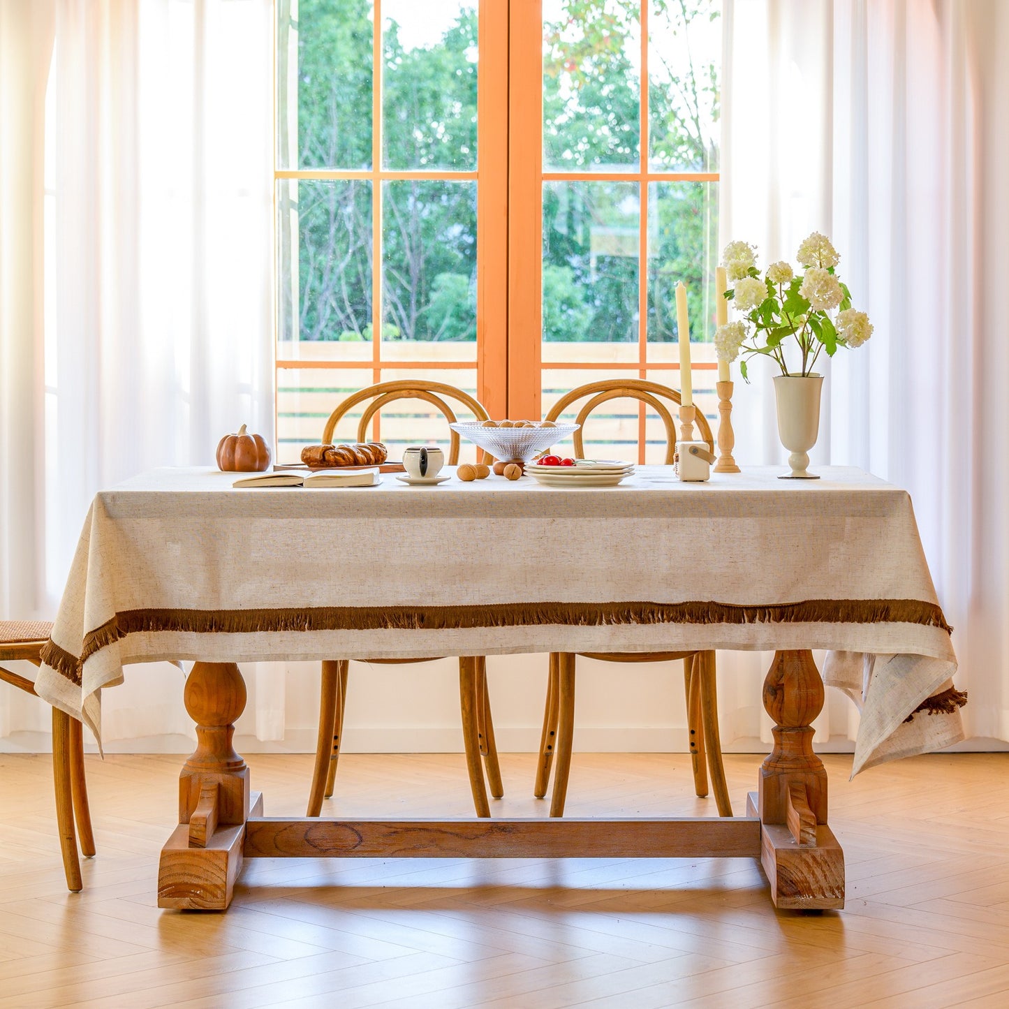 White Polyester Linen Tablecloth with Brown Tassel Lace