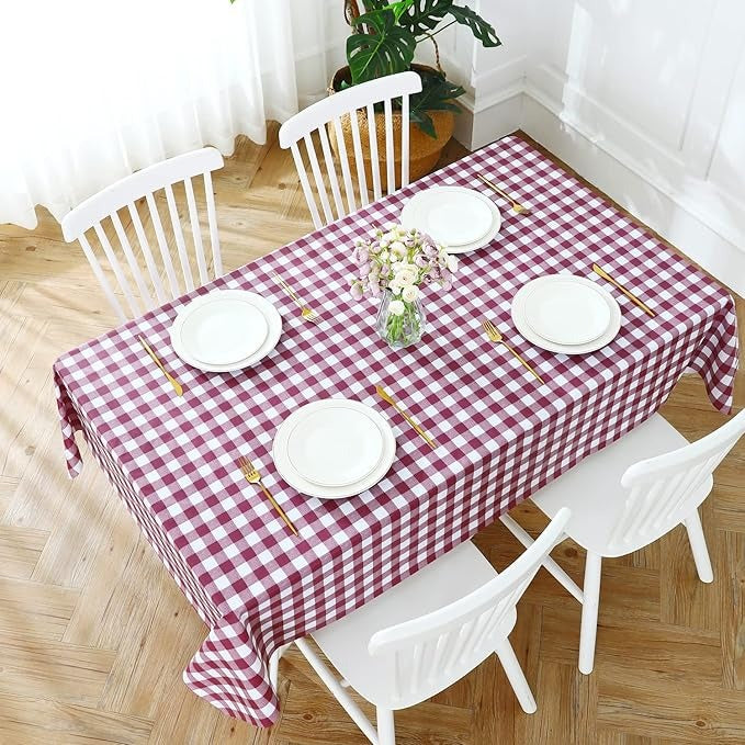 PVC Waterproof and Oil Resistant Plaid Tablecloth in Burgundy and White
