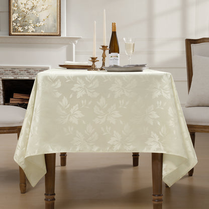 Polyester Jacquard Waterproof Damask Floral Pattern Tablecloth in Ivory