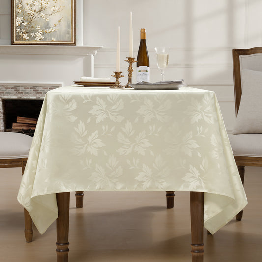 Polyester Jacquard Waterproof Damask Floral Pattern Tablecloth in Ivory
