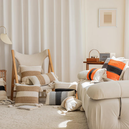 Bohemian neutral double striped pillowcases with tassels