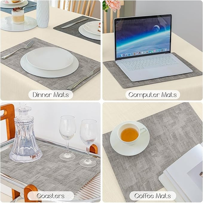 Polyurethane Linen-textured 100% Waterproof Oil-Proof Wipeable Heat Resistant Placemats Set in Dark Grey and Light Grey