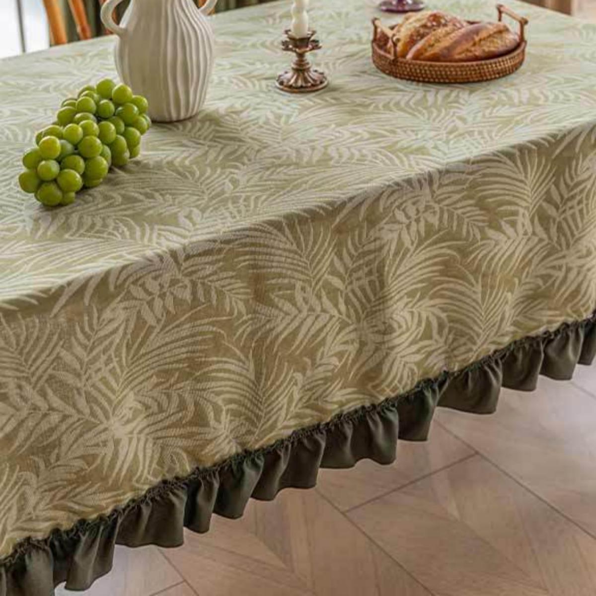 Green-based White-leaf Jacquard Tablecloth with Appliqué Lace Trim