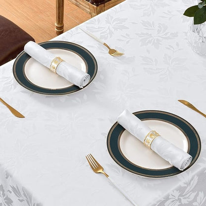 Polyester Jacquard Waterproof Damask Floral Pattern Tablecloth in White
