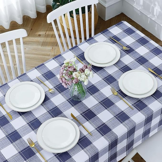 PVC Waterproof and Oil Resistant LargePlaid Tablecloth in Blue and White