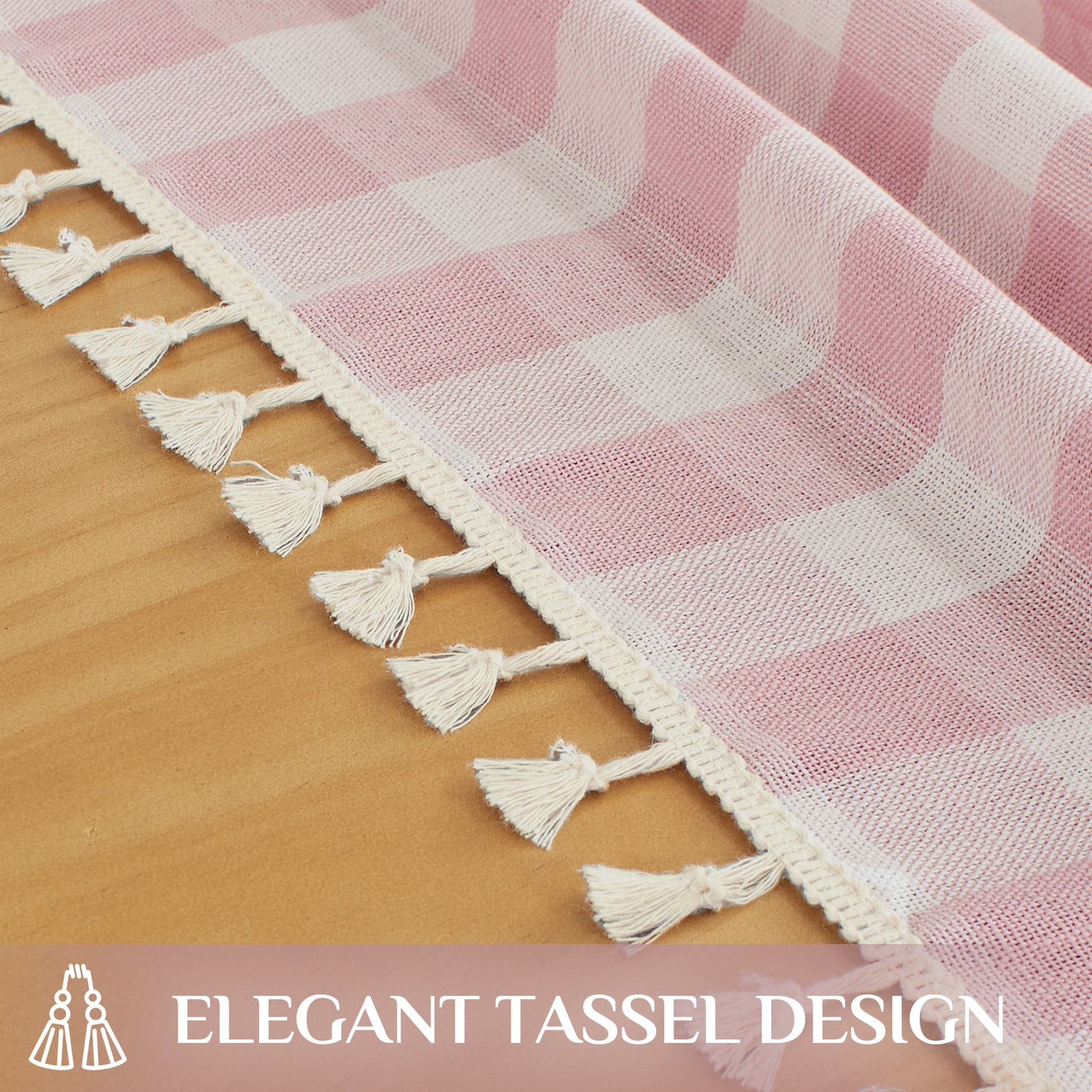Wrinkle-Resistant Cotton Blend Classic Gingham Tablecloth with Tassels in Pink