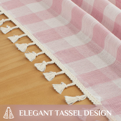 Wrinkle-Resistant Cotton Blend Classic Gingham Tablecloth with Tassels in Pink