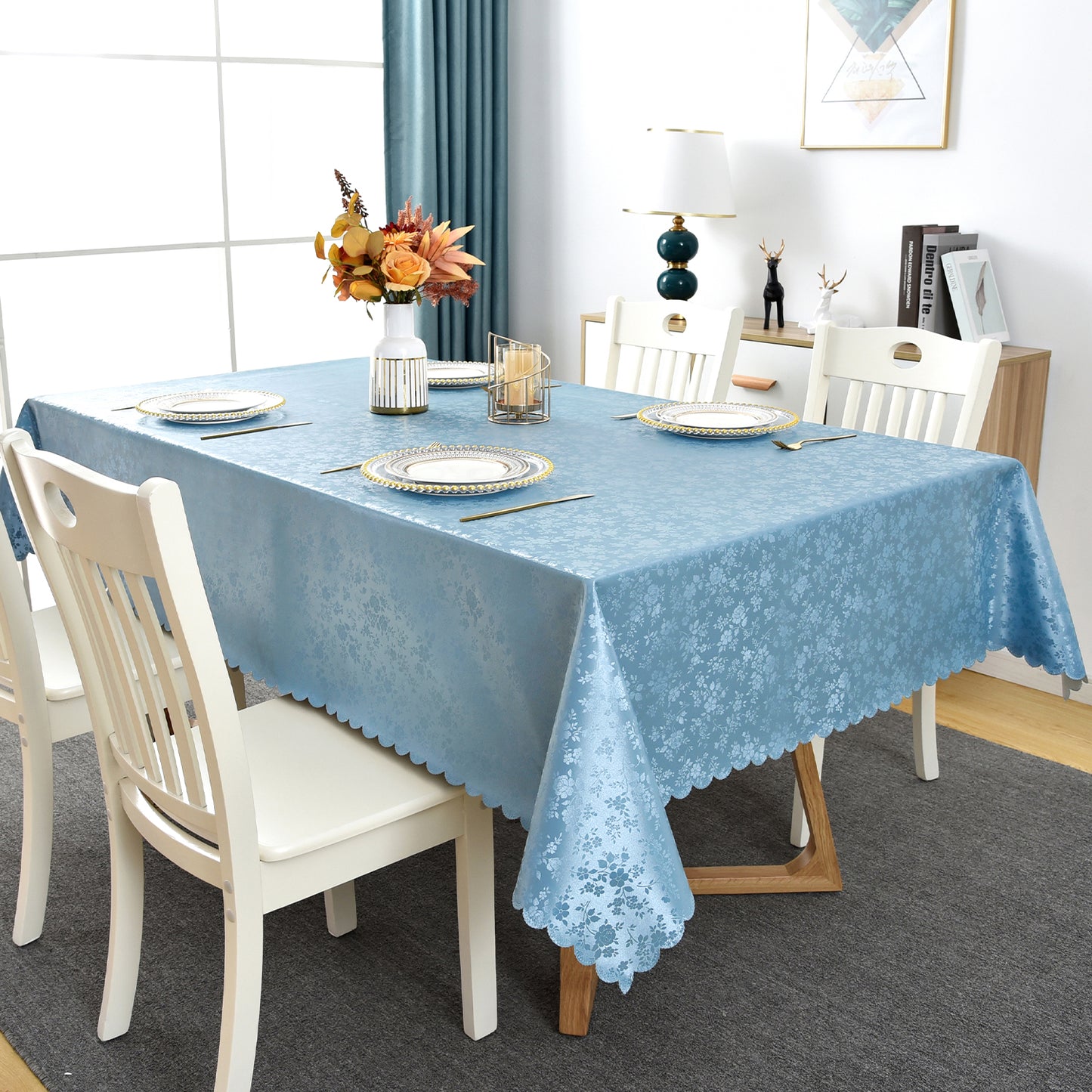 Polyurethane 100% Waterproof and Oil Resistant Chequered Tablecloth in Blue