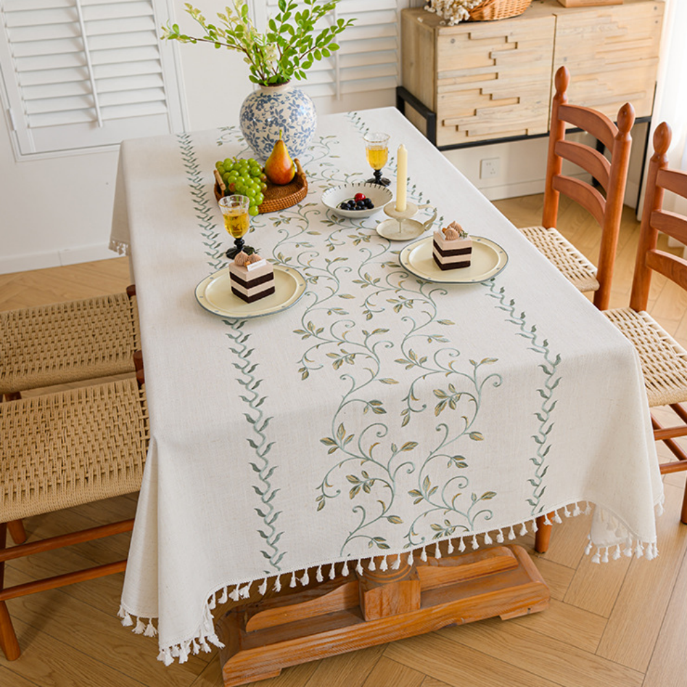 Polyester-Cotton Blend Embroidered Green Mimosa Tablecloth