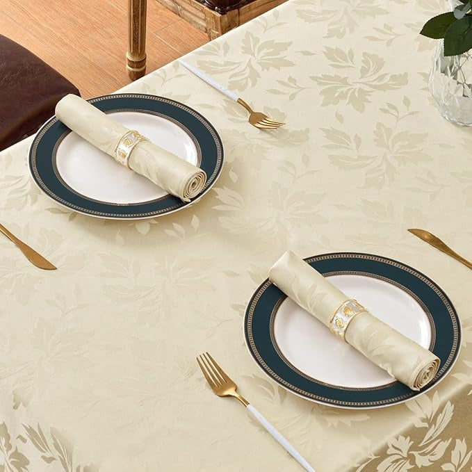 Polyester Jacquard Waterproof Damask Floral Pattern Tablecloth in Champagne