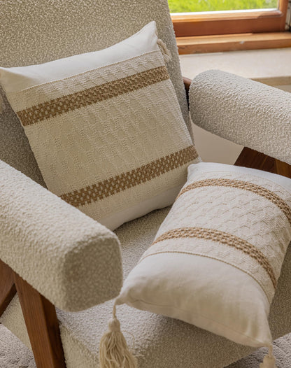 Bohemian neutral double slender-striped pillowcases with tassels