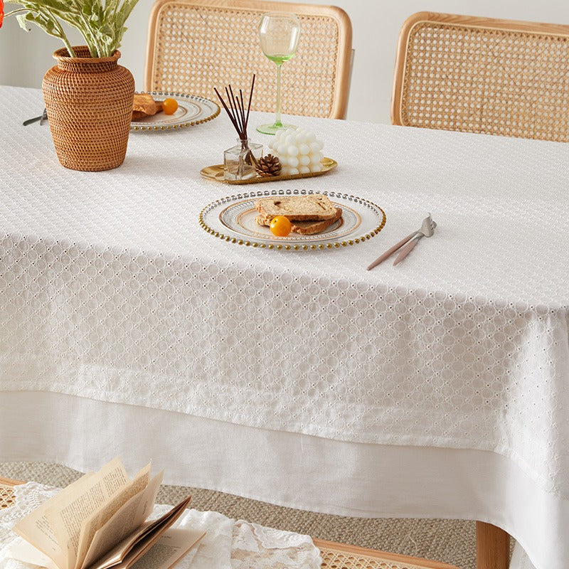 French-style cotton-linen double-layer lace tablecloth in White