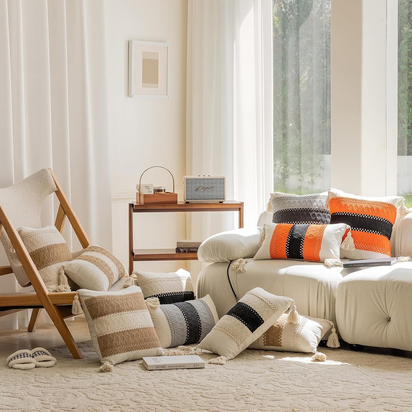 Bohemian neutral striped pillowcases with tassels