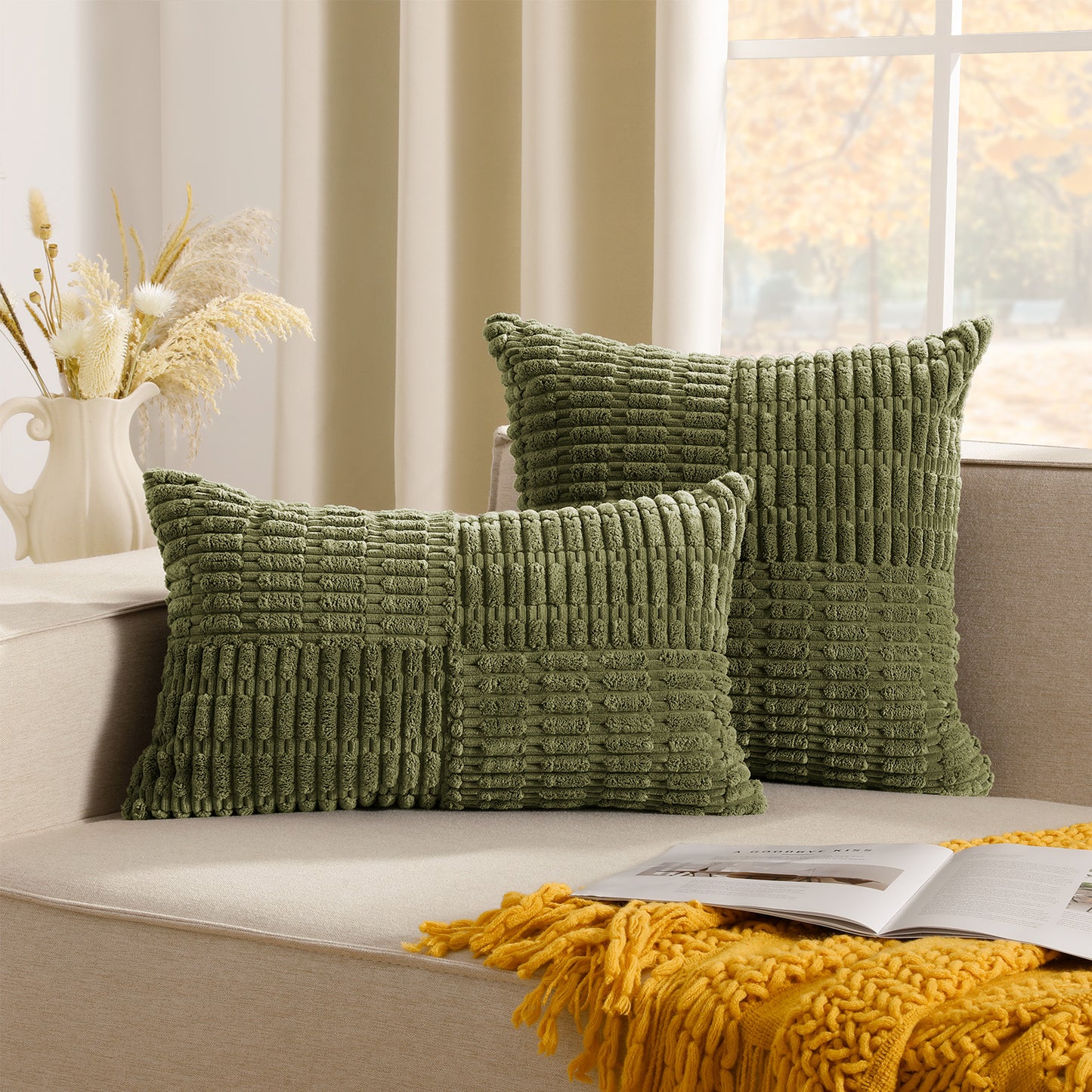 Soft Corduroy Puffy Irregularly Stripe Pattern Pillowcases in Olive-green