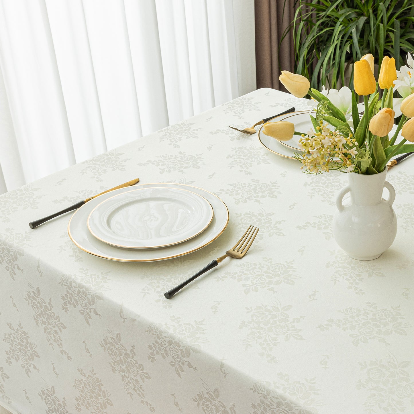 Polyester Jacquard Waterproof Elegant Damask Rose Floral Pattern Tablecloth in Ivory