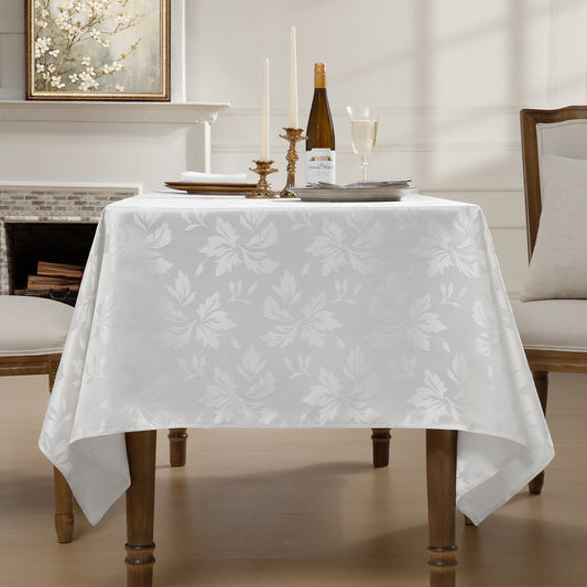 Polyester Jacquard Waterproof Damask Floral Pattern Tablecloth in White