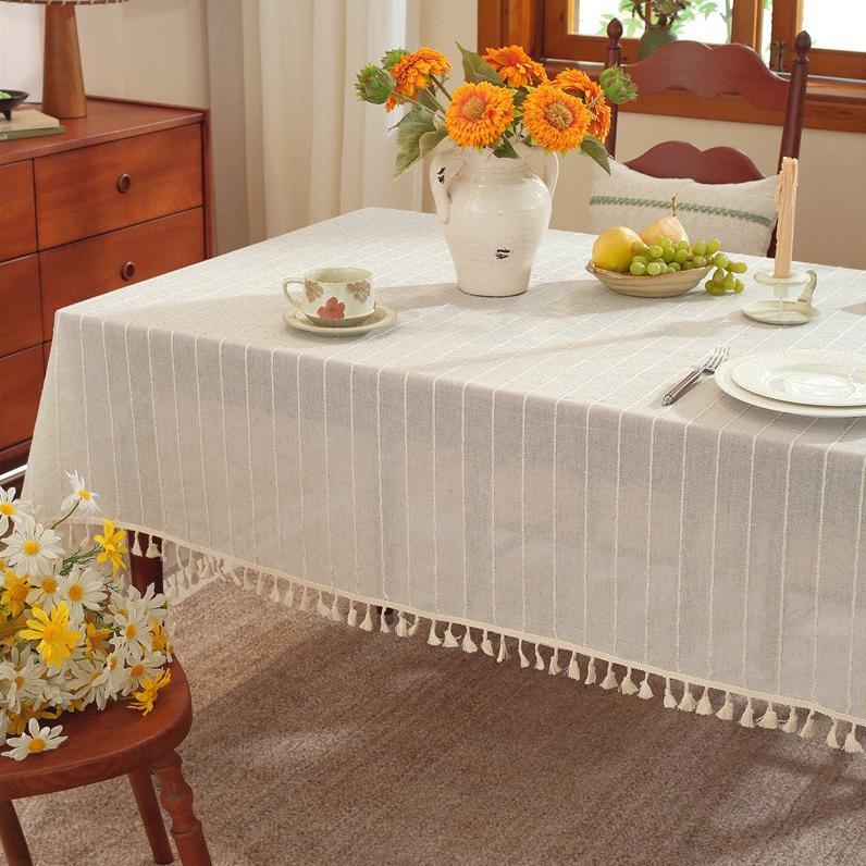 Polyester linen blend horizontal stripe tassel tablecloth