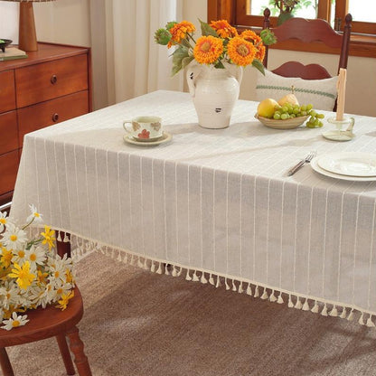 Polyester linen blend horizontal stripe tassel tablecloth