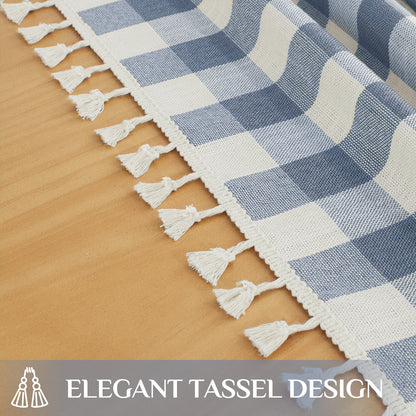 Wrinkle-Resistant Cotton Blend Classic Gingham Tablecloth with Tassels in Blue