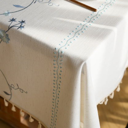 Polyester-Cotton Blend Embroidered Blue Branch Tablecloth