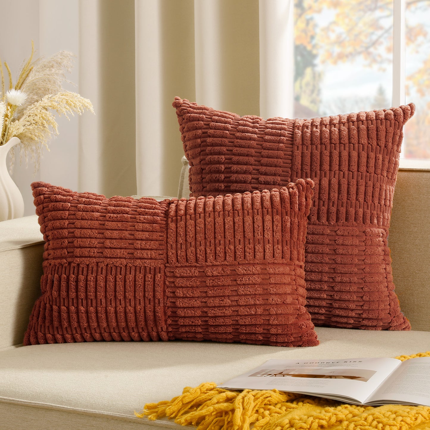 Soft Corduroy Puffy Irregularly Stripe Pattern Pillowcases in Rust