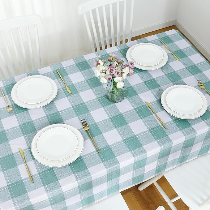 PVC Waterproof and Oil Resistant LargePlaid Tablecloth in Sage Green and White