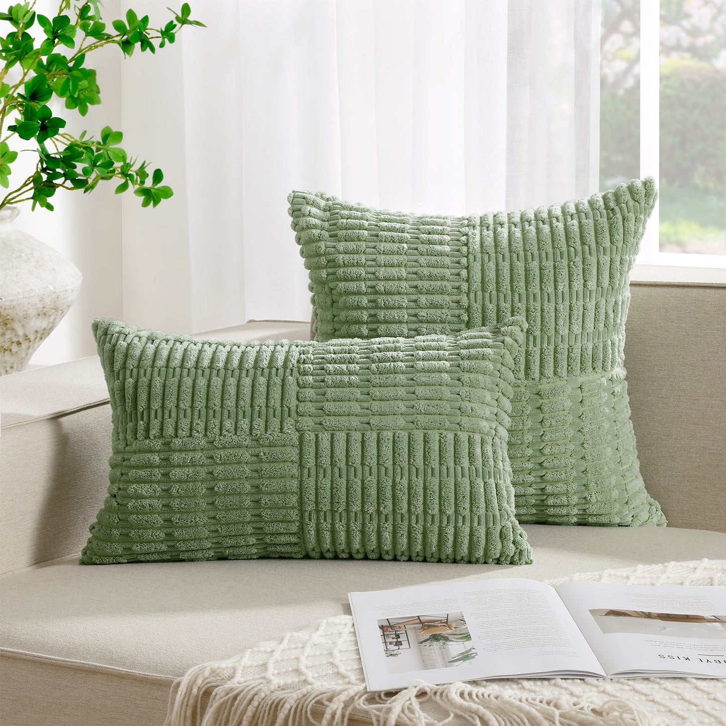 Soft Corduroy Puffy Irregularly Stripe Pattern Pillowcases in Green