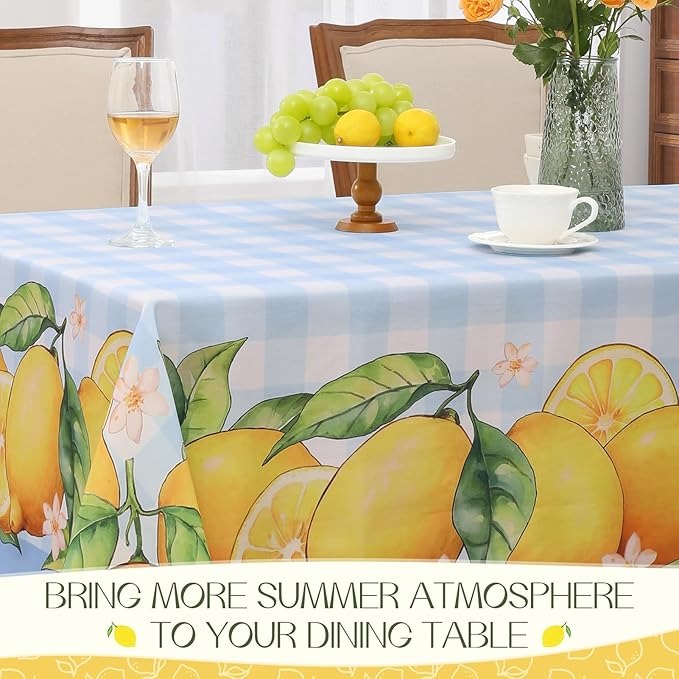 Polyester Lemon-patterned Tablecloth (with Blue background and White checks)