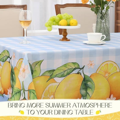 Polyester Lemon-patterned Tablecloth (with Blue background and White checks)
