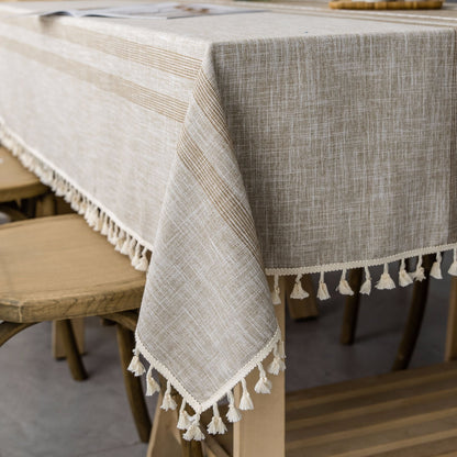 Cotton-Linen Blend Asymmetric Double Embroidery Striped Tablecloth in Coffee Brown