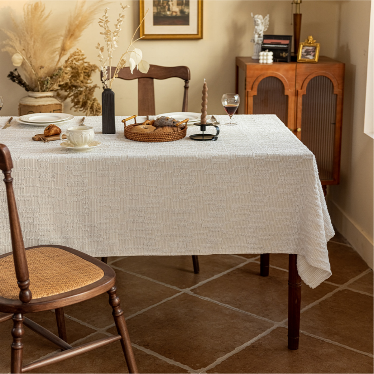 White Chenille Tablecloth with Irregular Texture