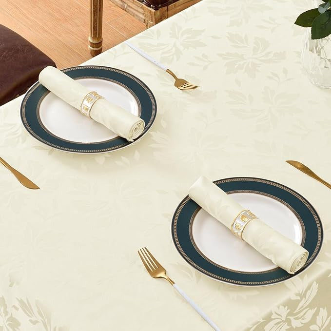 Polyester Jacquard Waterproof Damask Floral Pattern Tablecloth in Ivory