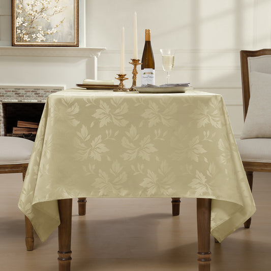Polyester Jacquard Waterproof Damask Floral Pattern Tablecloth in Champagne