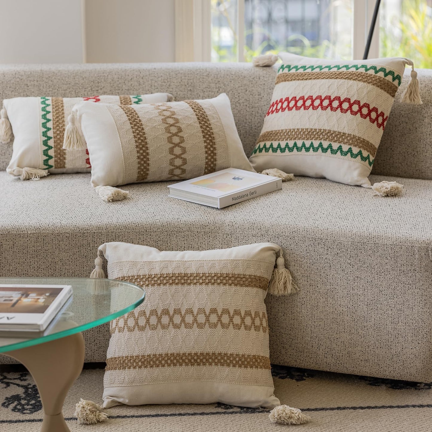 Bohemian neutral triple striped pillowcases with tassels