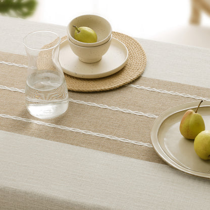 Wrinkle-Resistant and Waterproof Cotton Blend Tassel Tablecloth in Coffee Lines