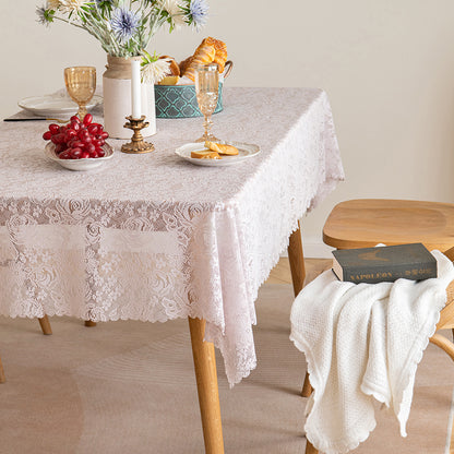 Polyester French-Elegance Floral-Rose Tablecloth with Scalloped Edge in Pink-Purple