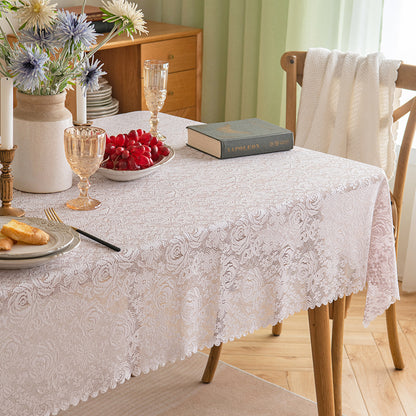 Polyester French-Elegance Floral-Rose Tablecloth with Scalloped Edge in Pink-Purple