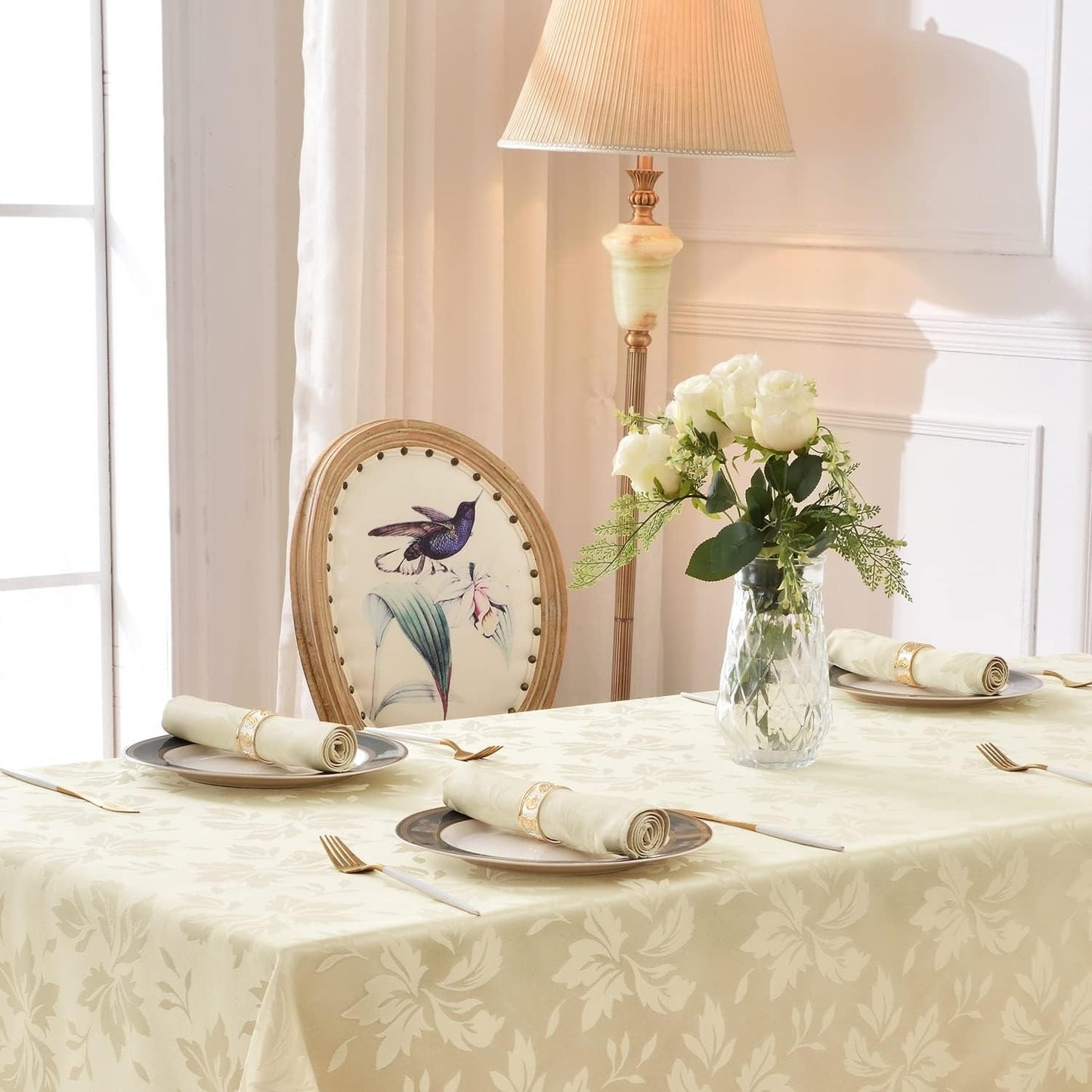 Polyester Jacquard Waterproof Damask Floral Pattern Tablecloth in Champagne