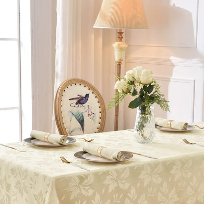 Polyester Jacquard Waterproof Damask Floral Pattern Tablecloth in Champagne