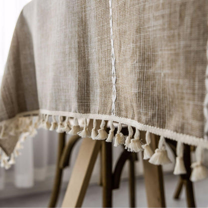 Cotton-Linen Blend Asymmetric Double Embroidery Striped Tablecloth in Coffee Brown