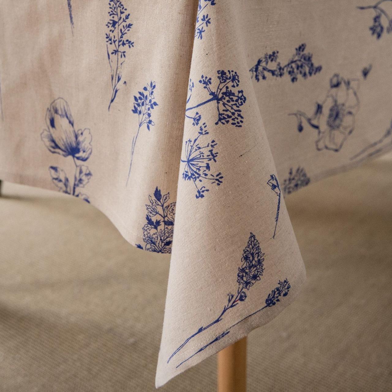 Cotton and linen blue rose sketch print tablecloth