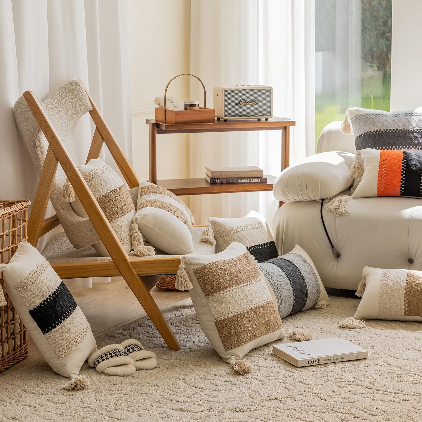 Bohemian neutral double striped pillowcases with tassels