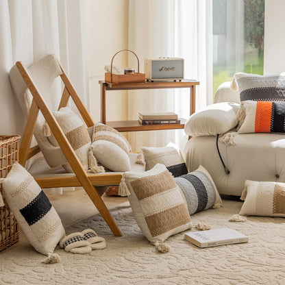 Bohemian neutral double striped pillowcases with tassels