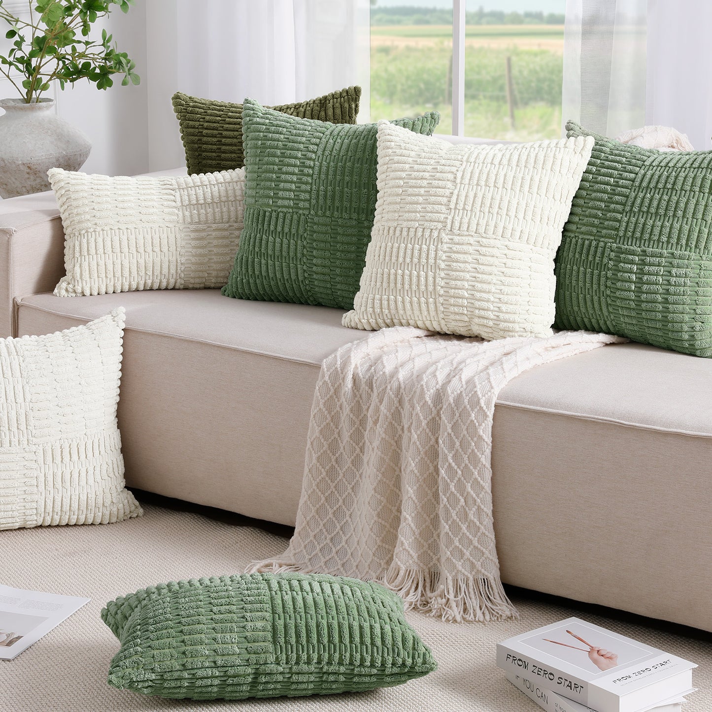 Soft Corduroy Puffy Irregularly Stripe Pattern Pillowcases in Green
