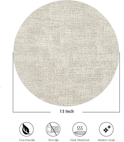 Polyurethane Linen-textured 100% Waterproof Oil-Proof Wipeable Heat Resistant Round Placemats Set in Beige